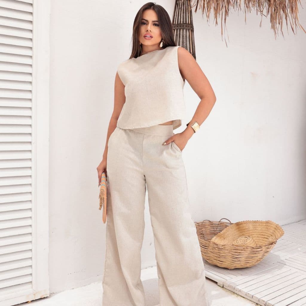 Conjunto Linho Alfaiataria Social Feminino Calça Pantalona E Blusa