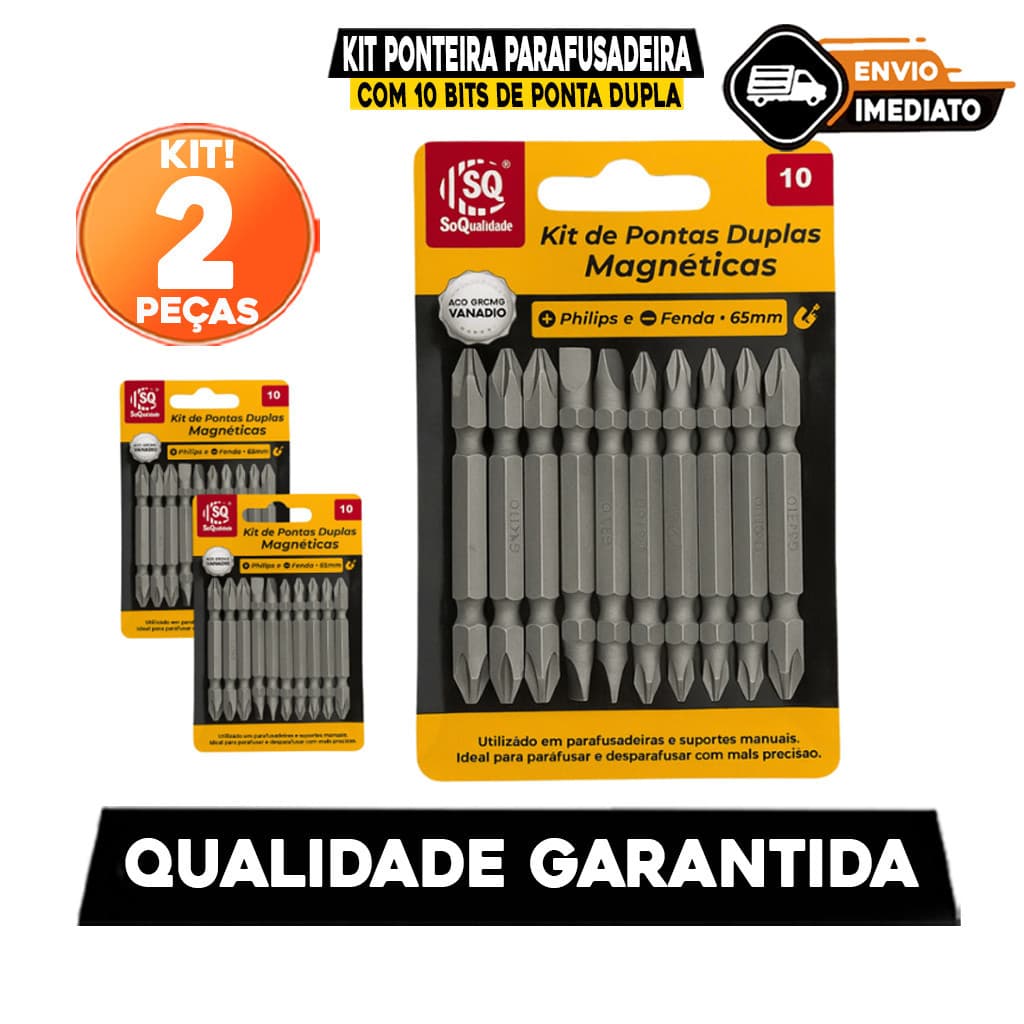 Kit Ponteira Parafusadeira Com 10 Bits de Ponta Dupla Magnética | 2 Cartelas Aço Cromo Vanádio