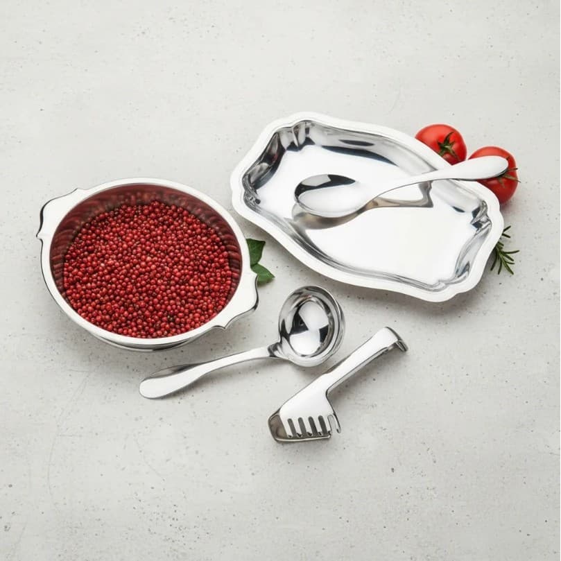Conjunto 5 Peças 100% Inox Travessa Colher Concha Pegador