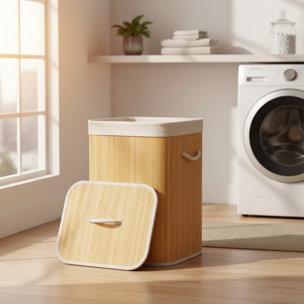 Cesto Organizador Bambu 70L Com Tampa Alças Cesto Roupa Suja Lavanderia Organizador Multiuso Grande