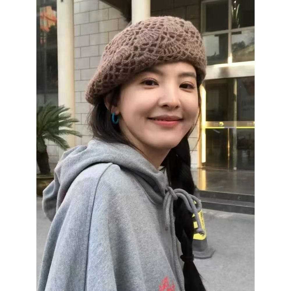 Ruo Nan mesmo estilo boina chapéu feminino outono inverno engrossado chapéu de malha mão-corrente Link pintor chapéu tud