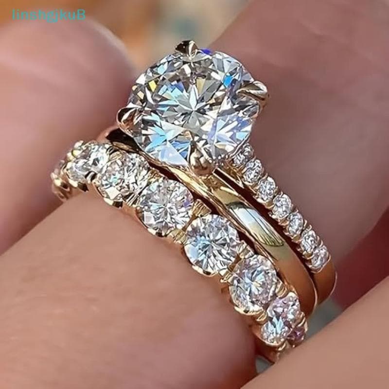 [lLinshgjkuB] Conjunto De 3 Peças De Temperamento De Luxo Com Cinco Garras Incrustadas De Cristal Zircão Anel Para Mulhe