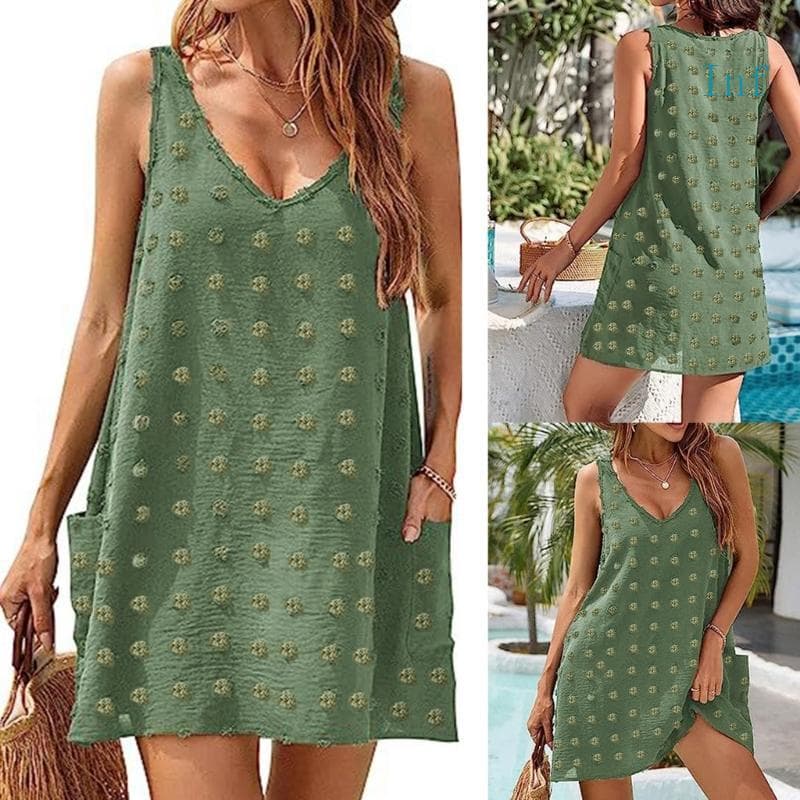 Inf Vestido Feminino Mangas Decote V, Bolinhas Suíças, Cor Sólida, Casual, Solto, Evasê