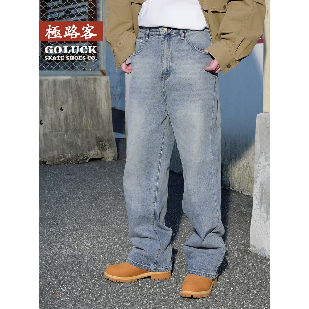 Jiluke 26 homens mulheres rua rua Wear americano Retro mais magro olhar azul claro lavado branco solto calças jeans reta