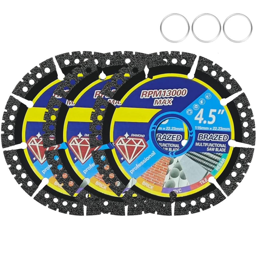 Conjunto de 3 Lâminas de Esmerilhadeira Diamantadas de 4,5" com Soldagem a Vácuo, Discos de Corte para Esmerilhadeira An