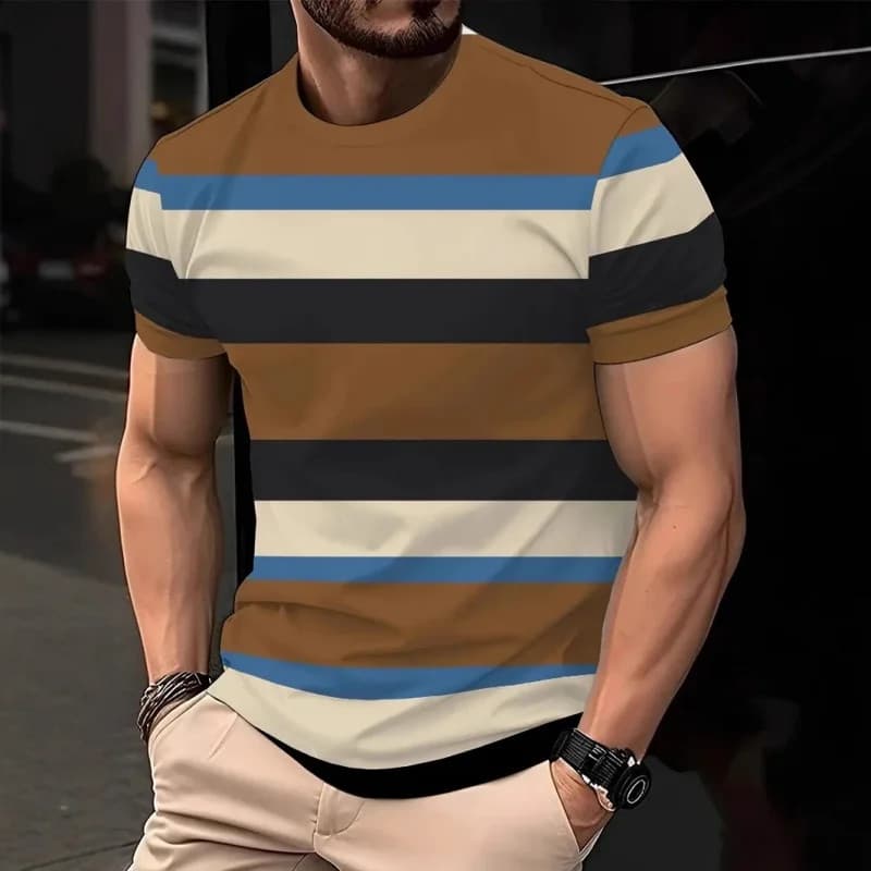 Listras Coloridas Padrão Camiseta Para Homens Moda Bloco De Cores 3D Impresso T Camisas Verão Respirável O-Pescoço Topos