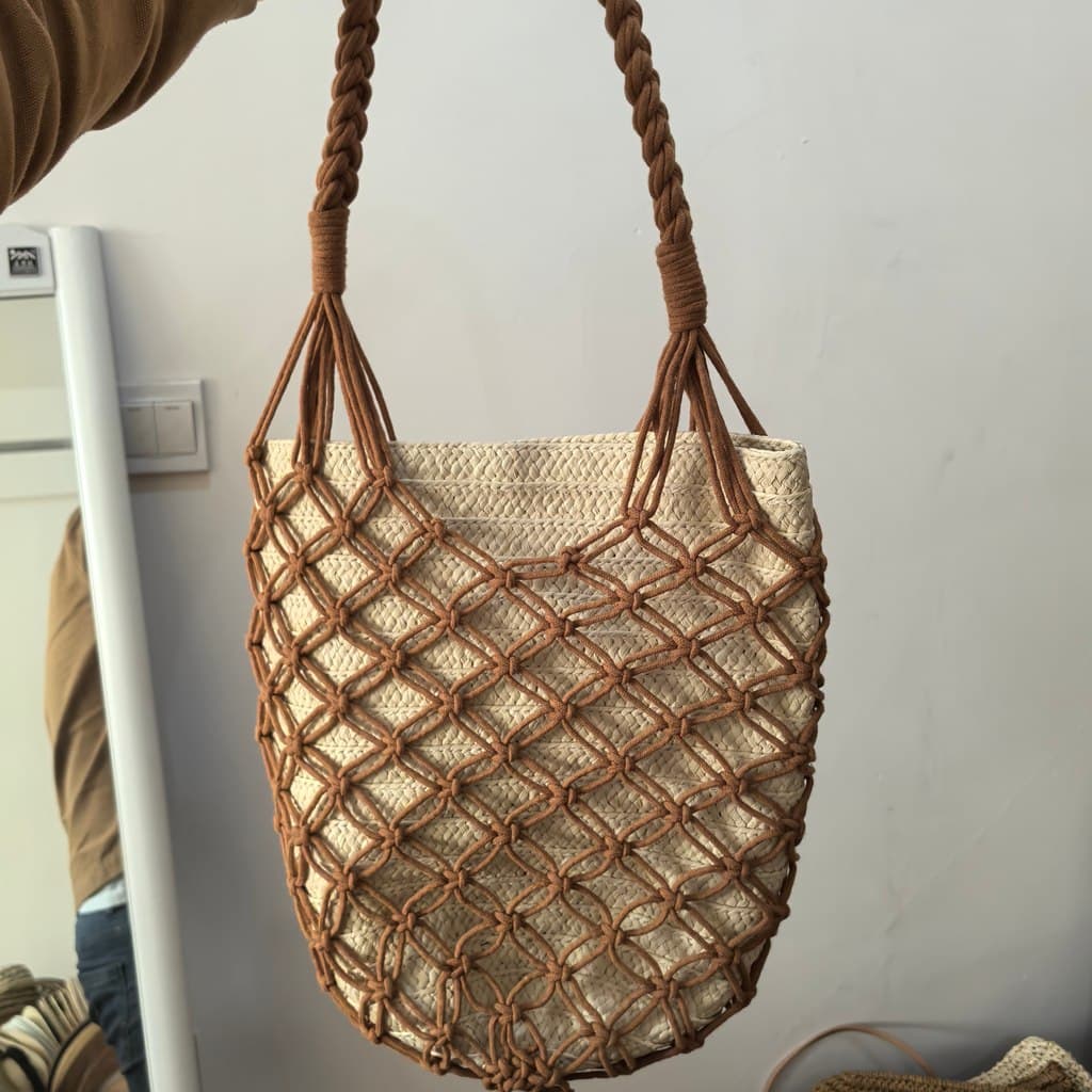 Mochila de tecido saco de fio de algodão verão à beira-mar férias saco de praia francês estilo Mori saco de rede um ombr