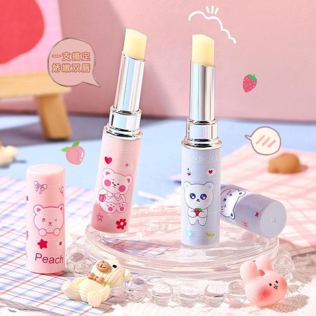 Bálsamo labial de urso fofo hidratante hidratante hidratante desbota linhas labiais sabor pêssego morango esfoliante pel