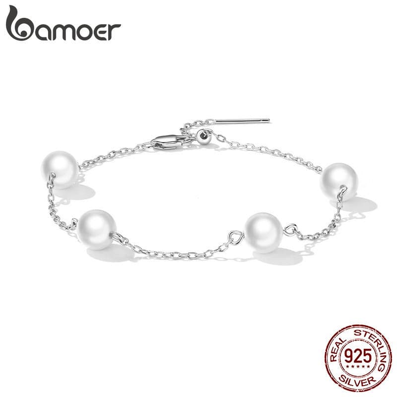 Pulseira de Pérolas Simples em Prata 925 Bamoer, 22cm, Corrente Ajustável, Joia de Moda, Presente para Mulheres
