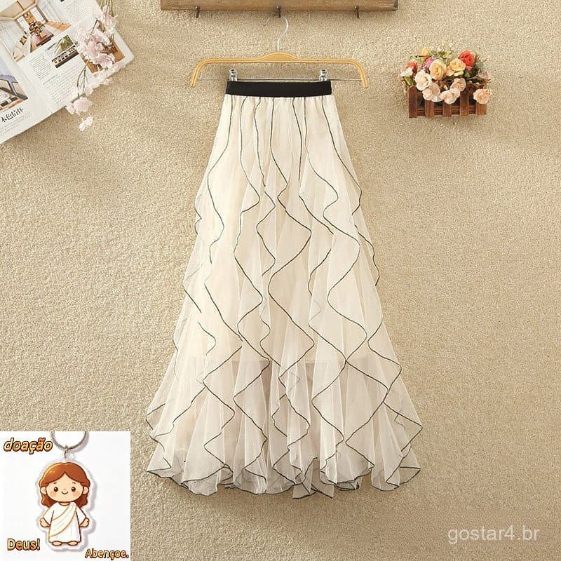 Onda padrão gaze saia feminina verão novo estilo cintura alta fada babados saia de comprimento médio a linha saia de gaz