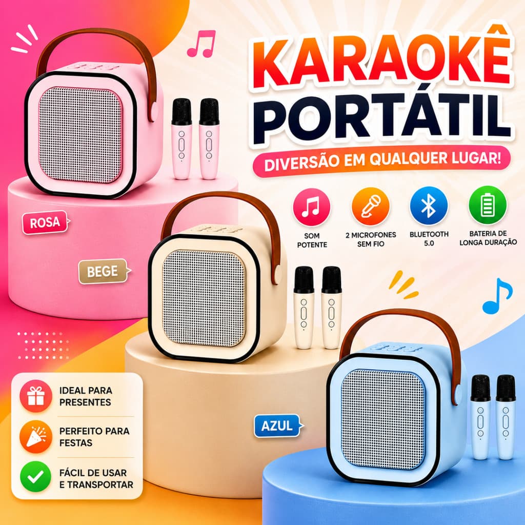 Mini Caixa De Som Karaokê 2 Microfones Bluetooth Infantil