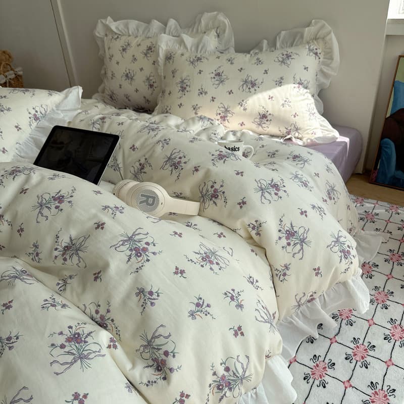 Conjunto de quatro peças de renda puro algodão 2025 novo estilo pequeno Floral colcha capa lençóis verão dormitório cama