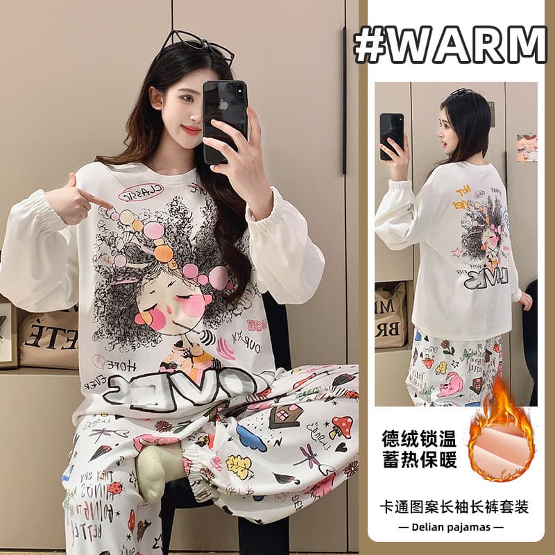 Pijamas femininos outono inverno alemão veludo manga comprida dos desenhos animados menina Plus Size fino veludo inverno