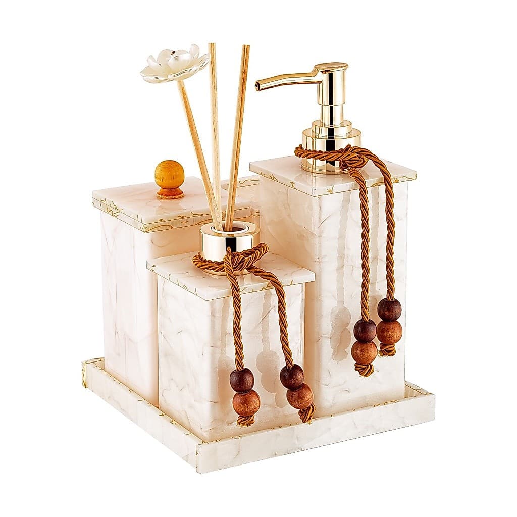 Kit Saboneteira / Jogo Lavabo / Kit Banheiro Em Acrílico Mármore 05 Itens (Saboneteira / Pote Multiuso / Pote Com Tampa / Difusor / Bandeja) - Acribom