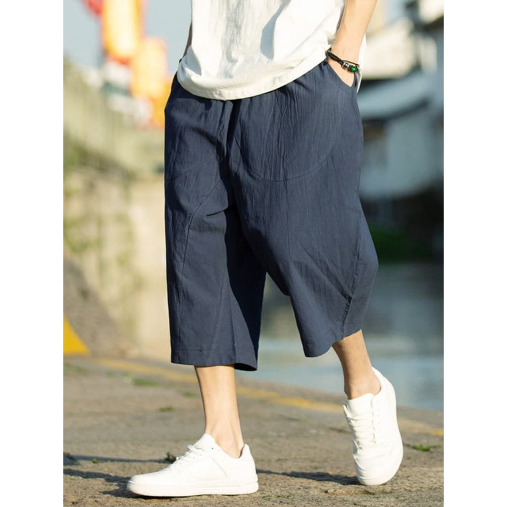 Calças cortadas masculinas verão Shorts de linho fino estilo chinês algodão linho Bloomers solto perna larga cortada Har