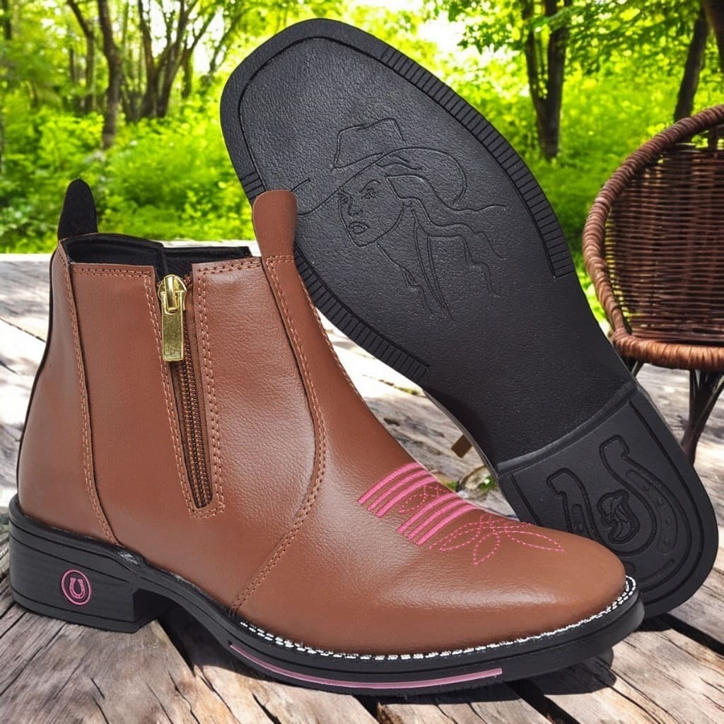 Bota Botina Feminina Texana Macia Country Peão Cowboy Bico Quadrado Confortável Zíper E Rebites