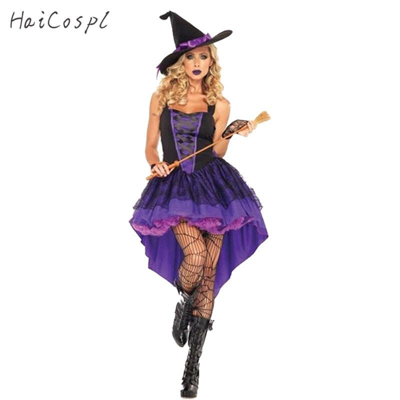 Halloween Witch Costume For Adult Women Purple Swallowtail Dress Hat Carnival Party Plus Size JBHZ