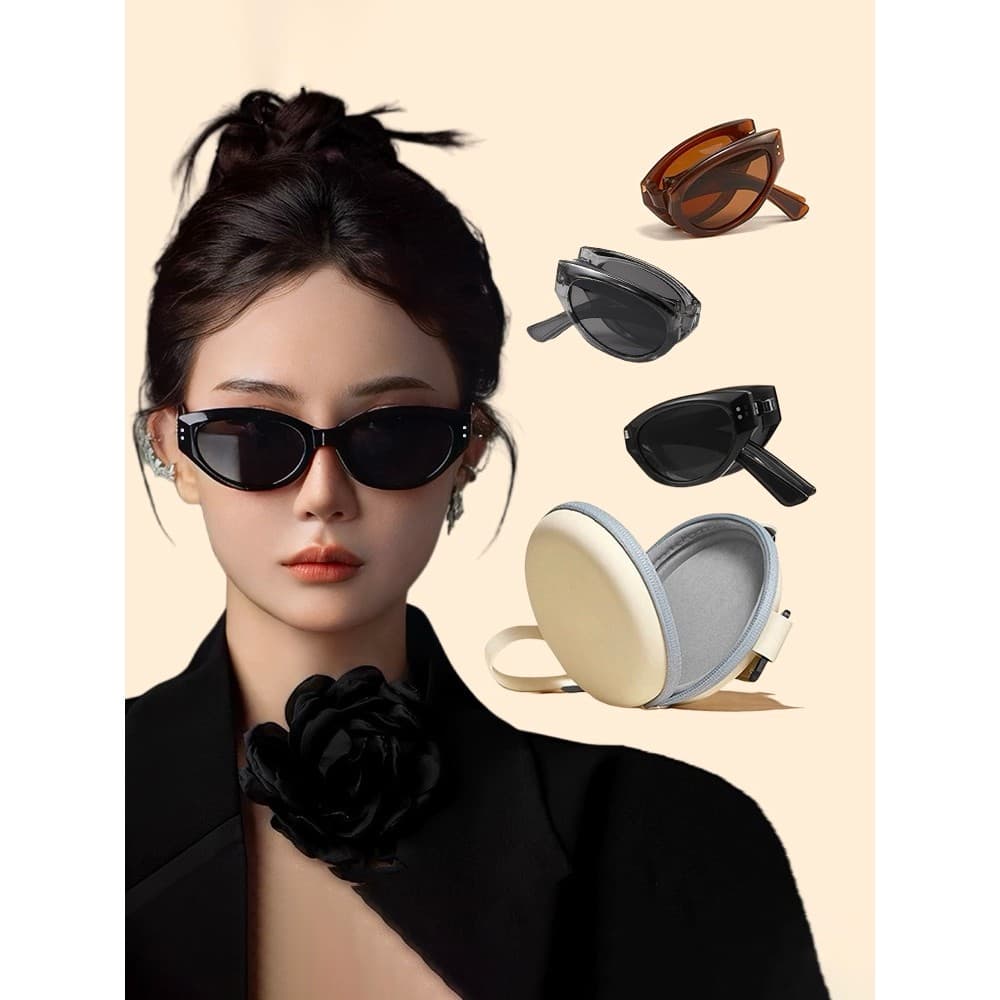 Dobrável olho de gato óculos de sol feminino 2026 novo estilo GM Retro High-End protetor solar óculos de sol pequeno qua