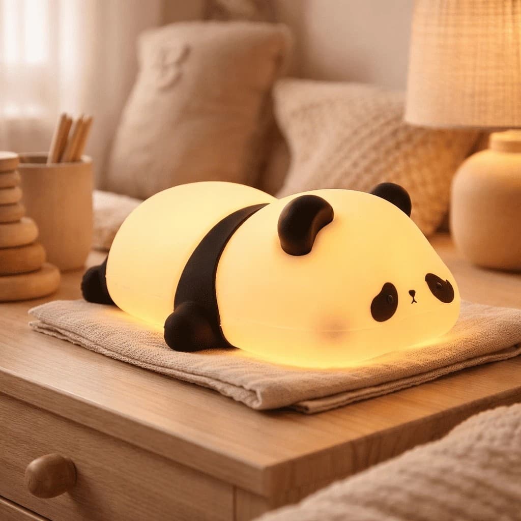Luminária LED Panda Silicone Abajur Clarear Quarto Criança Dormir Luz Lâmpada Ursinho Preto Branco