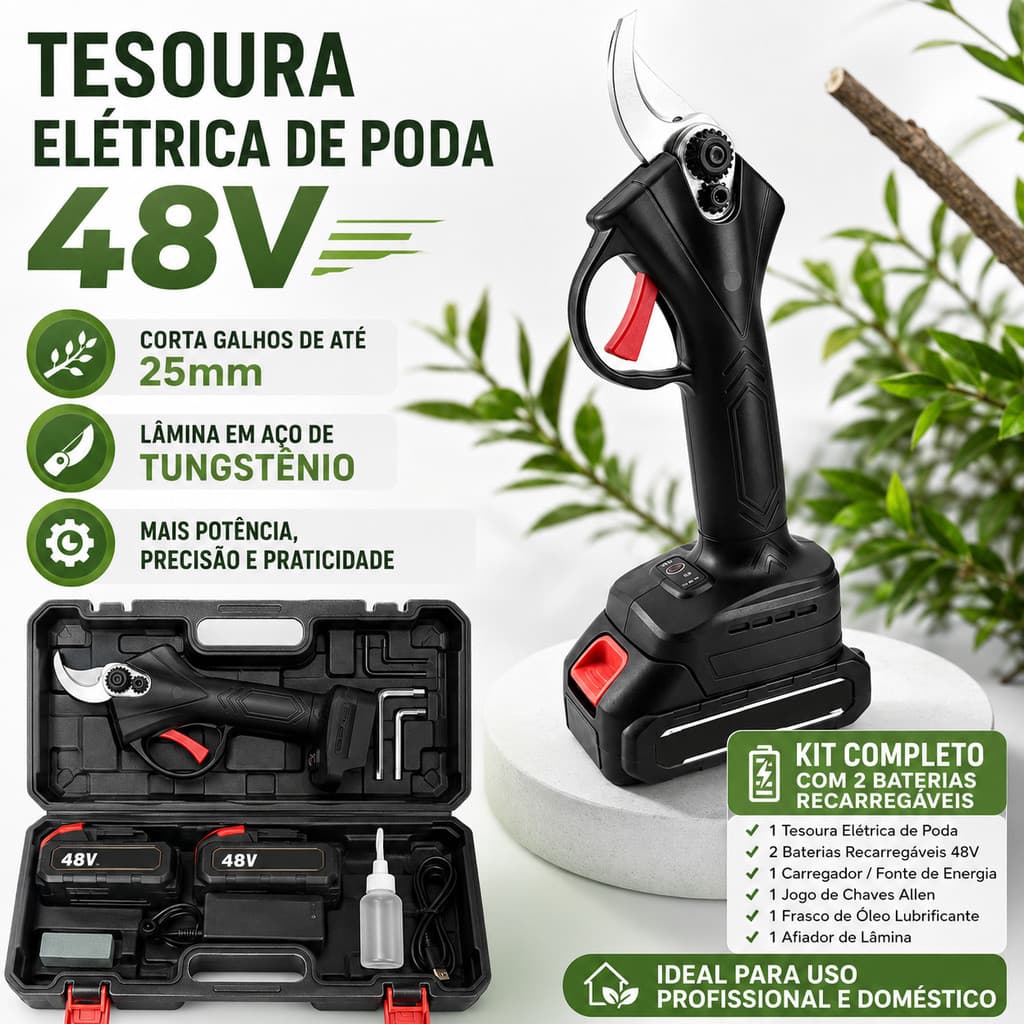 Tesoura De Poda Elétrica 48V Com 2 Baterias Lâmina Tungstênio E Maleta Completa