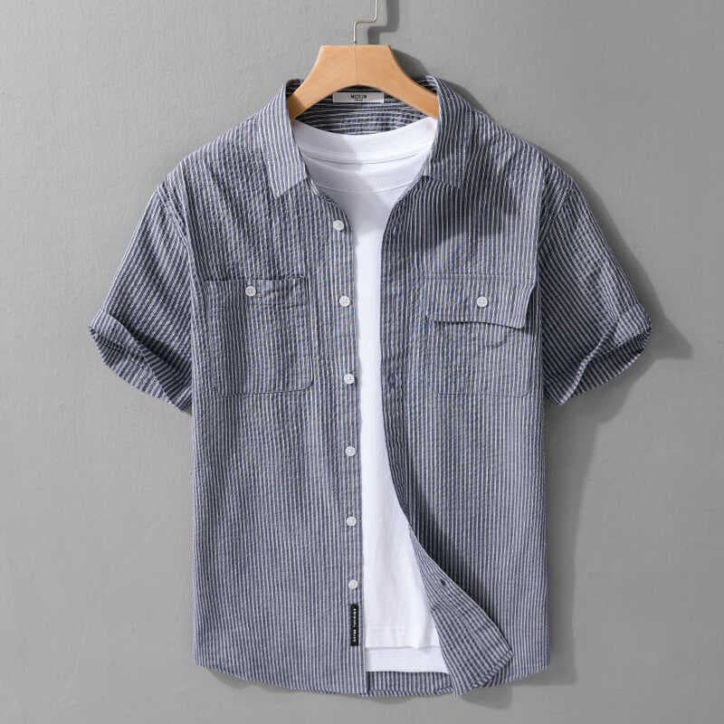 Verão novo estilo japonês Casual na moda masculino listrado Workwear camisa de manga curta verão puro algodão camisa juv