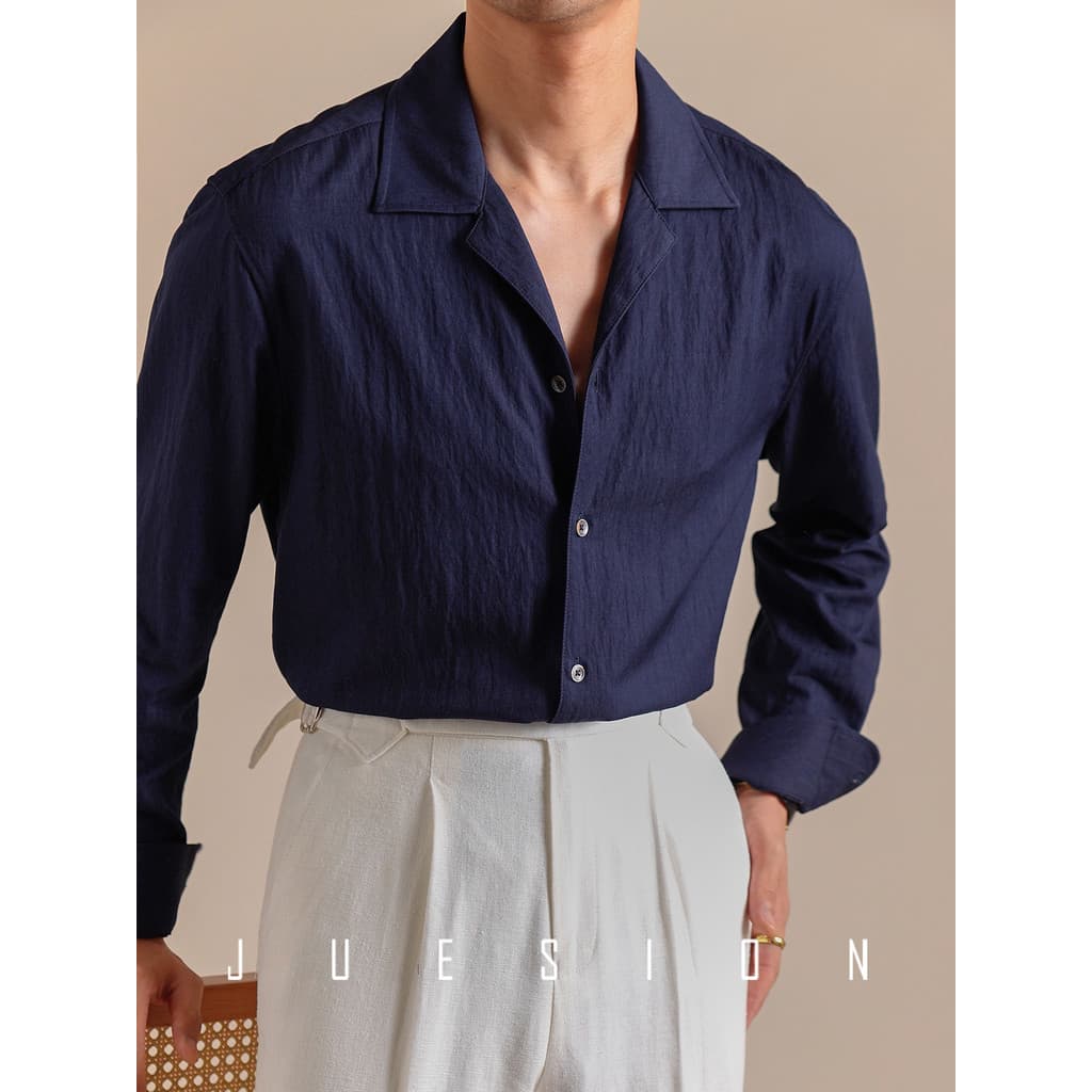 Jusion camisa italiana de manga comprida com gola cubana, masculina, solta, Casual, imitação de textura de linho, camisa