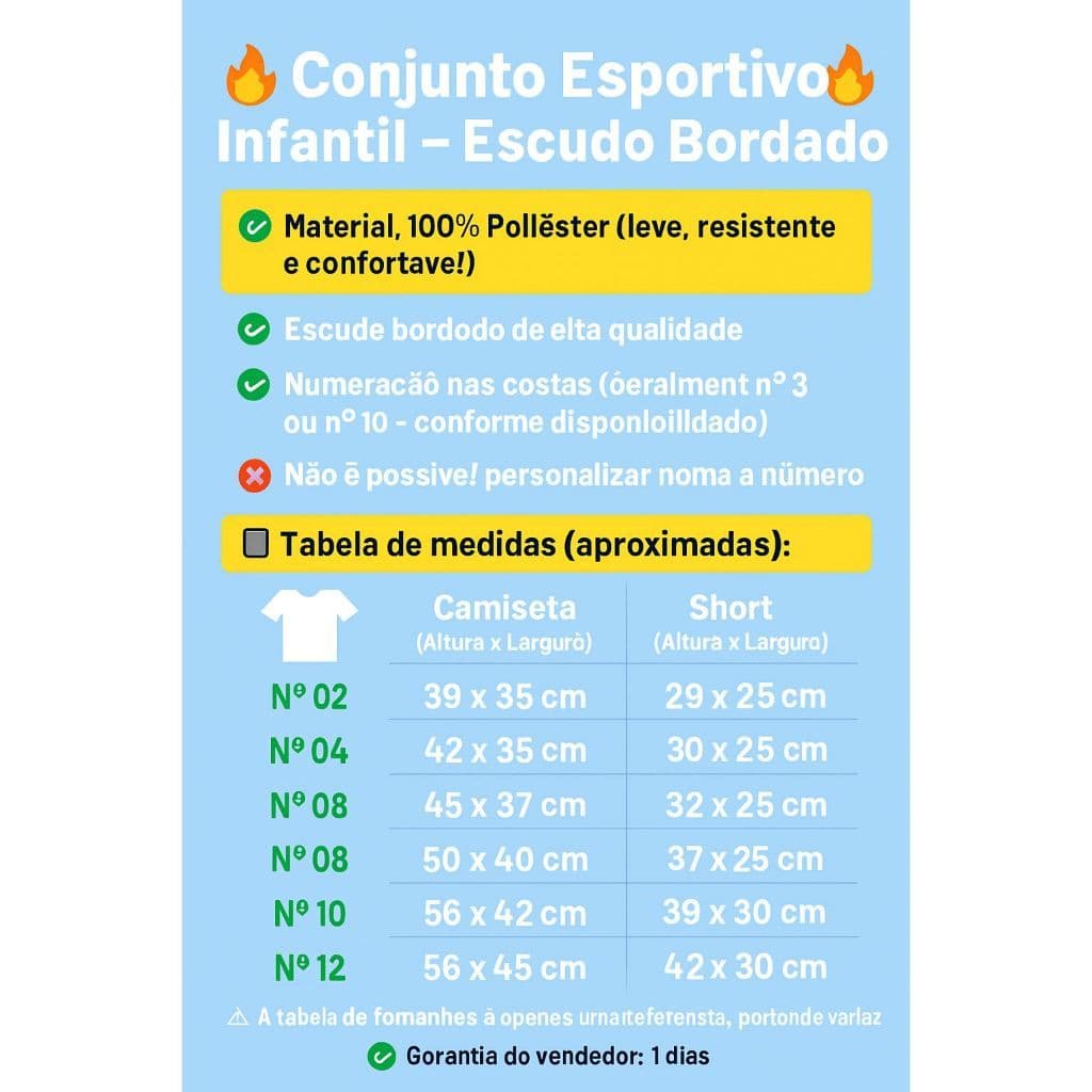Kit Conjuntos Infantil Juvenil Times Nacionais do 02 ao 14