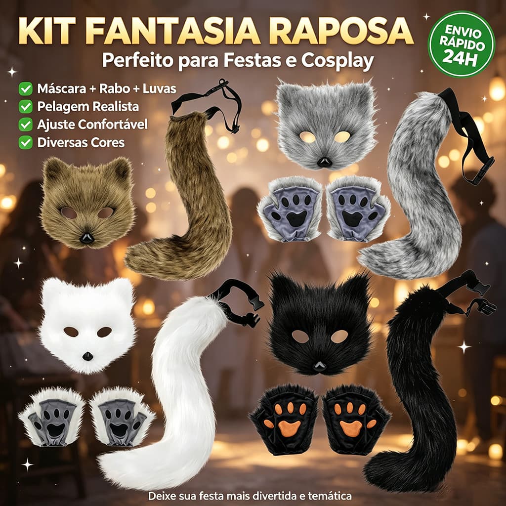 Kit 4 Fantasia Raposa Peludo MáScara, Rabo AjustáVel E Luvas Pata, VáRias Cores Cosplay Halloween Festas TemáTicas