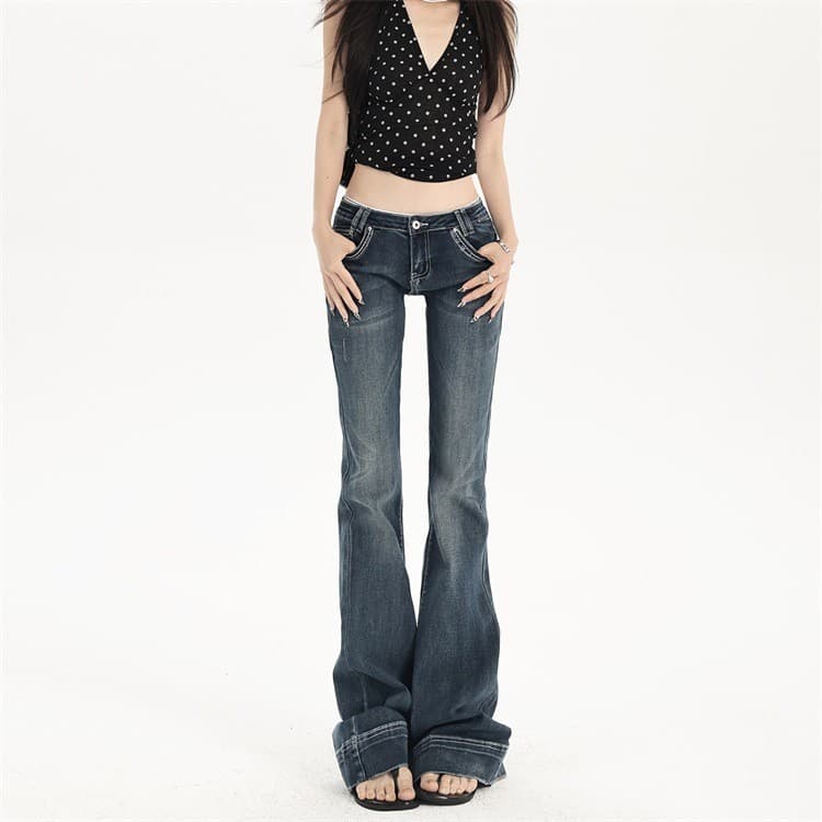 Calças jeans de cintura baixa e corte flare no mesmo estilo de Yi Mengling para mulheres, novas calças de outono estilo