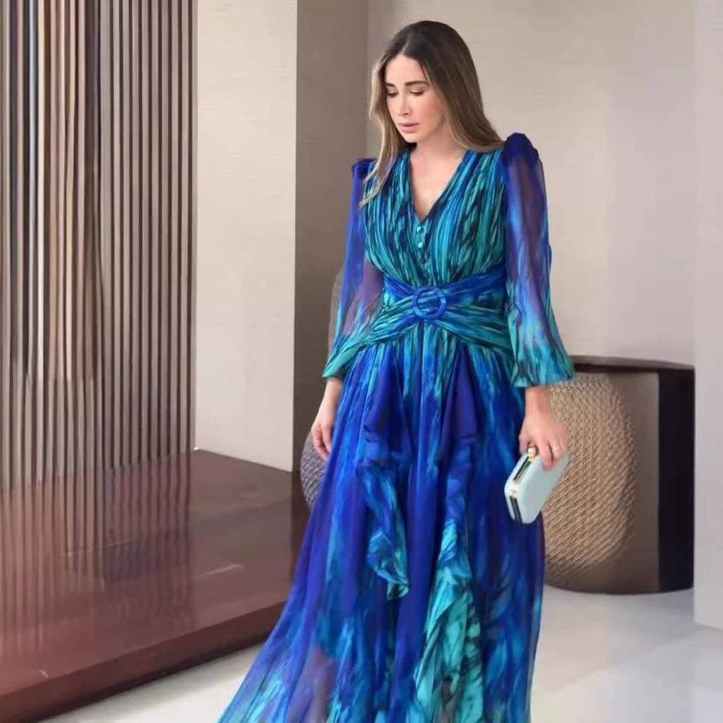 Europeu americano francês Retro moda chiffon manga longa temperamento vestido elegante chiffon vestido elegante