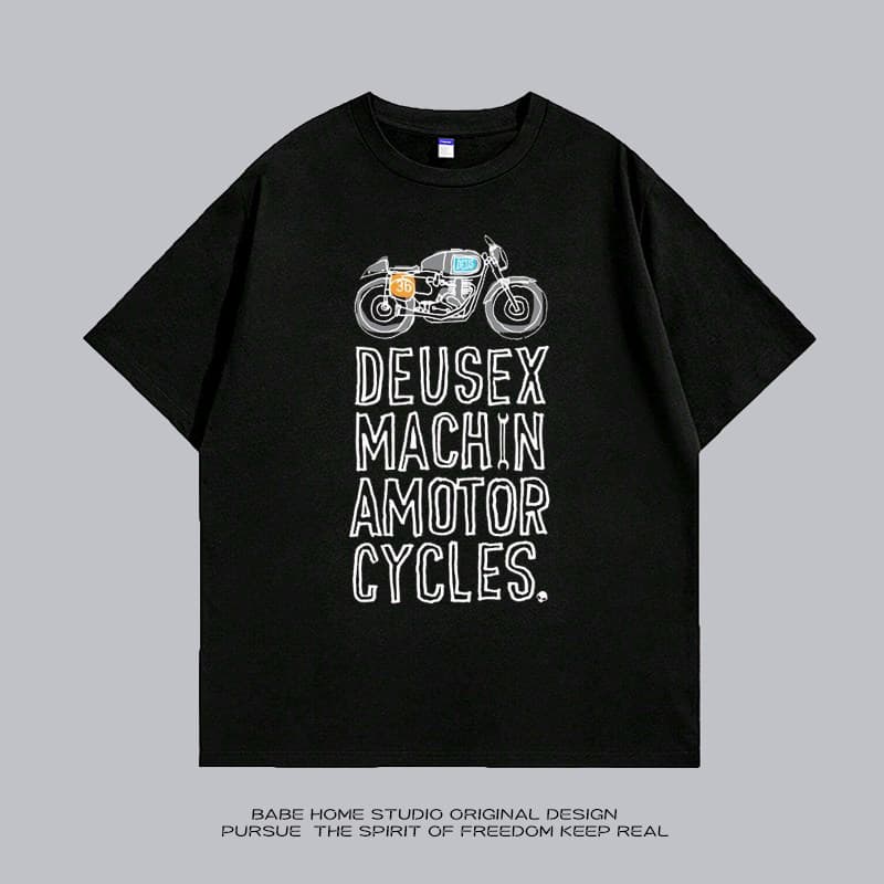 Graffiti Motocicleta Padrão Impressão Em Torno Do Pescoço Manga Curta Camiseta Tendência Masculina E Feminina Versão Cor