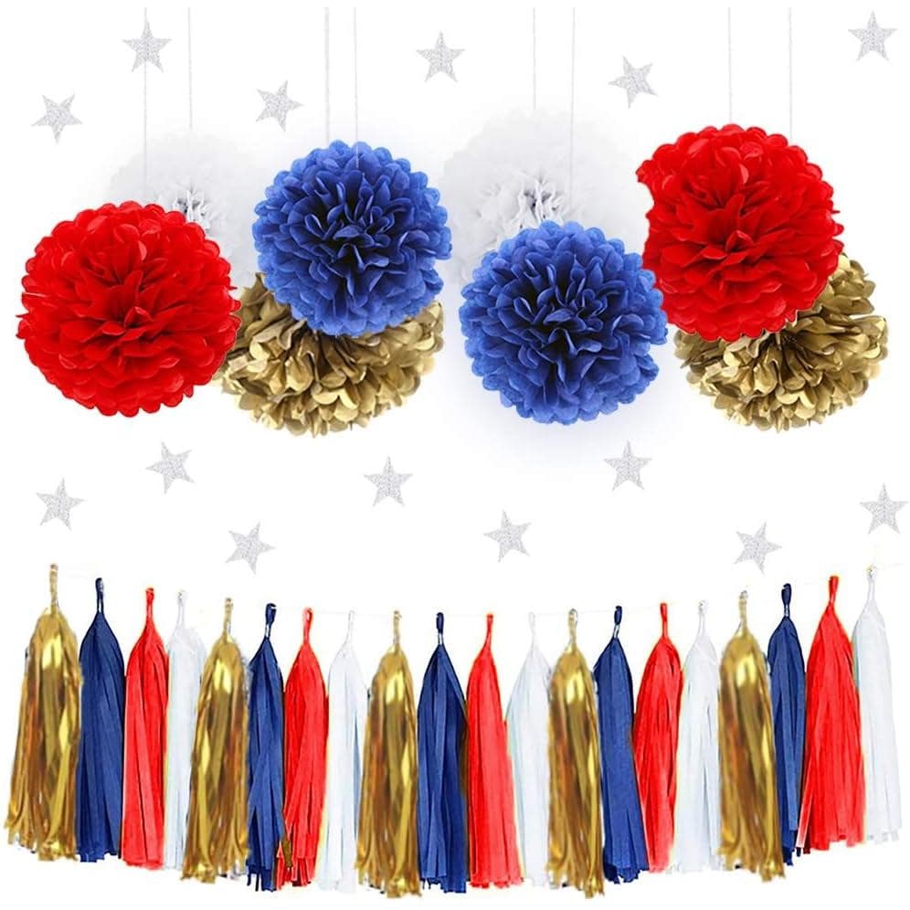 IGUO 30 peças Decoração Mulher Maravilha Pompons de Papel em Azul Marinho, Vermelho, Branco e Dourado, Artigos para Fest