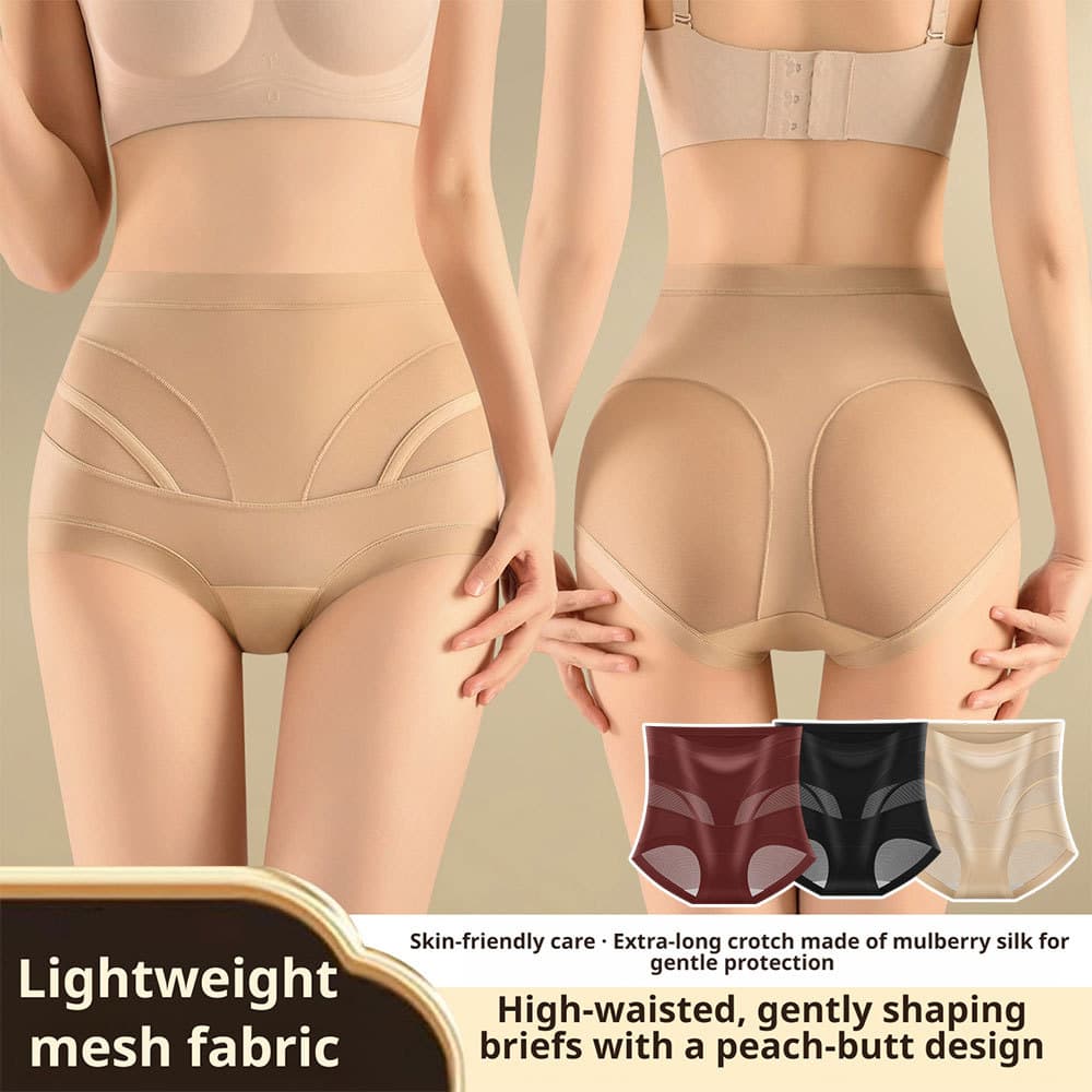 Cuecas Femininas De Cintura Alta Com Controle De Barriga , Sem Costura , Seda Amoreira , Virilha Estendida , Pêssego , D