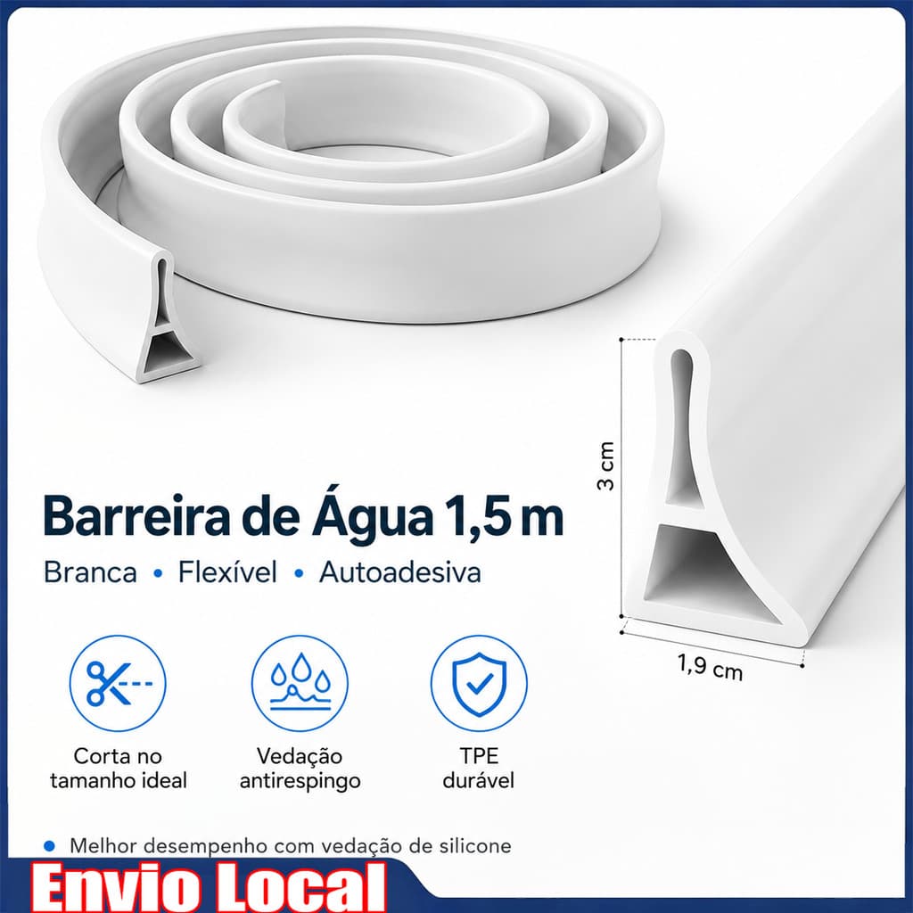 Barreira de Água para Box Banheiro 1,5m Branca Autoadesiva TPE Flexível Veda Piso, Chuveiro e Área Molhada