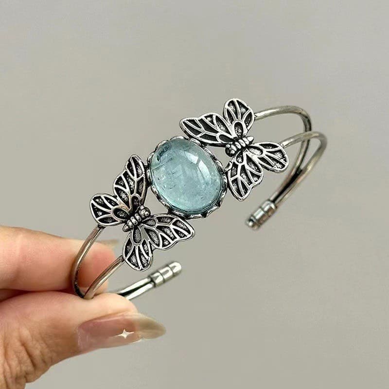 Antigo legal sentimento angustiado borboleta pulseira imitação Aquamarine dupla camada aberta Metal pulseira nicho High-