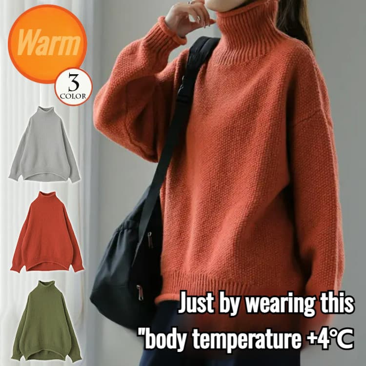 【Design Sofisticado】Suéter feminino de malha com gola alta, em algodão, modelagem solta/Confortável/Estilo Retro