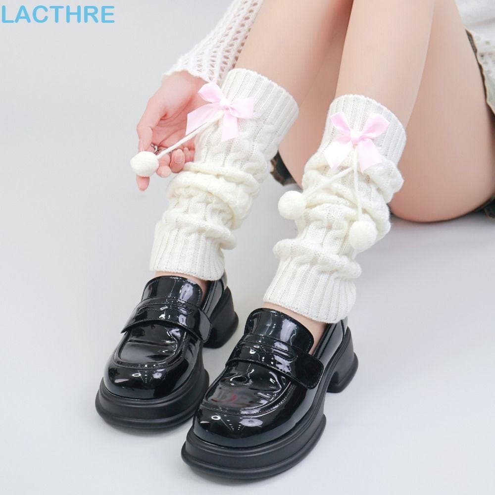 LACTHRE Punhos De Bota Lolita De Malha , Meia De Tubo De Inverno Quente Com Laço , Capa De Pé , Bola De Pelúcia , Polain