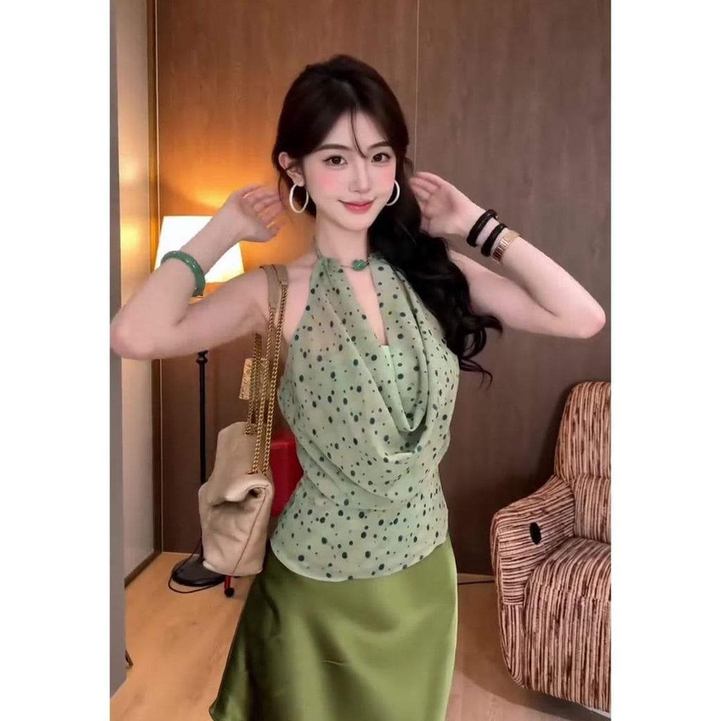 [Promoção por tempo limitado] Verão bolinhas Halterneck camisola feminina temperamento verde All-Match elegante manga co
