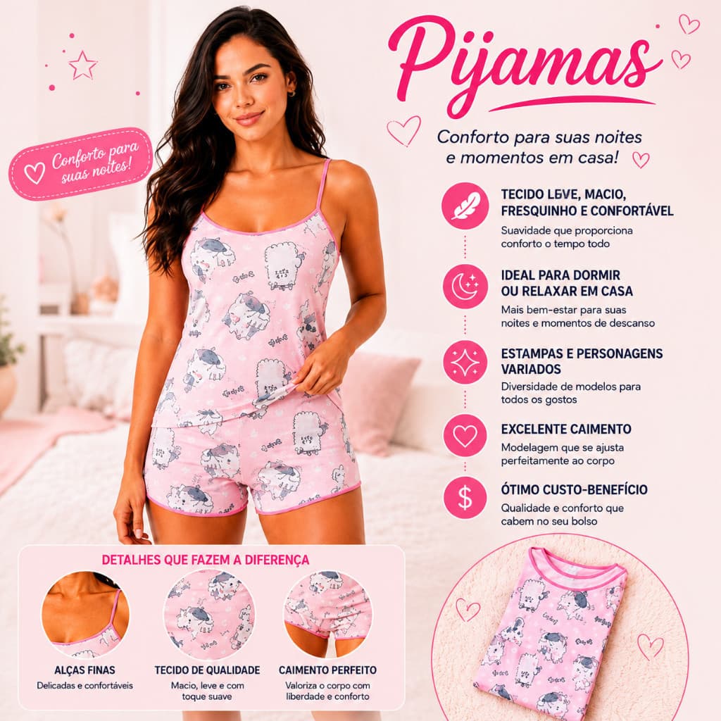 KIT 7 Pijamas Femininos Short Doll Alça Conforto Pijama Modelos Sortidos