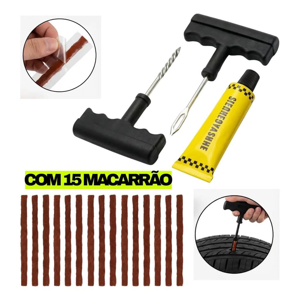 Kit Reparo Pneu Remendo Sem Camara Furo Carro Moto Com + Refil Macarrão Selante Borracheiro Completo