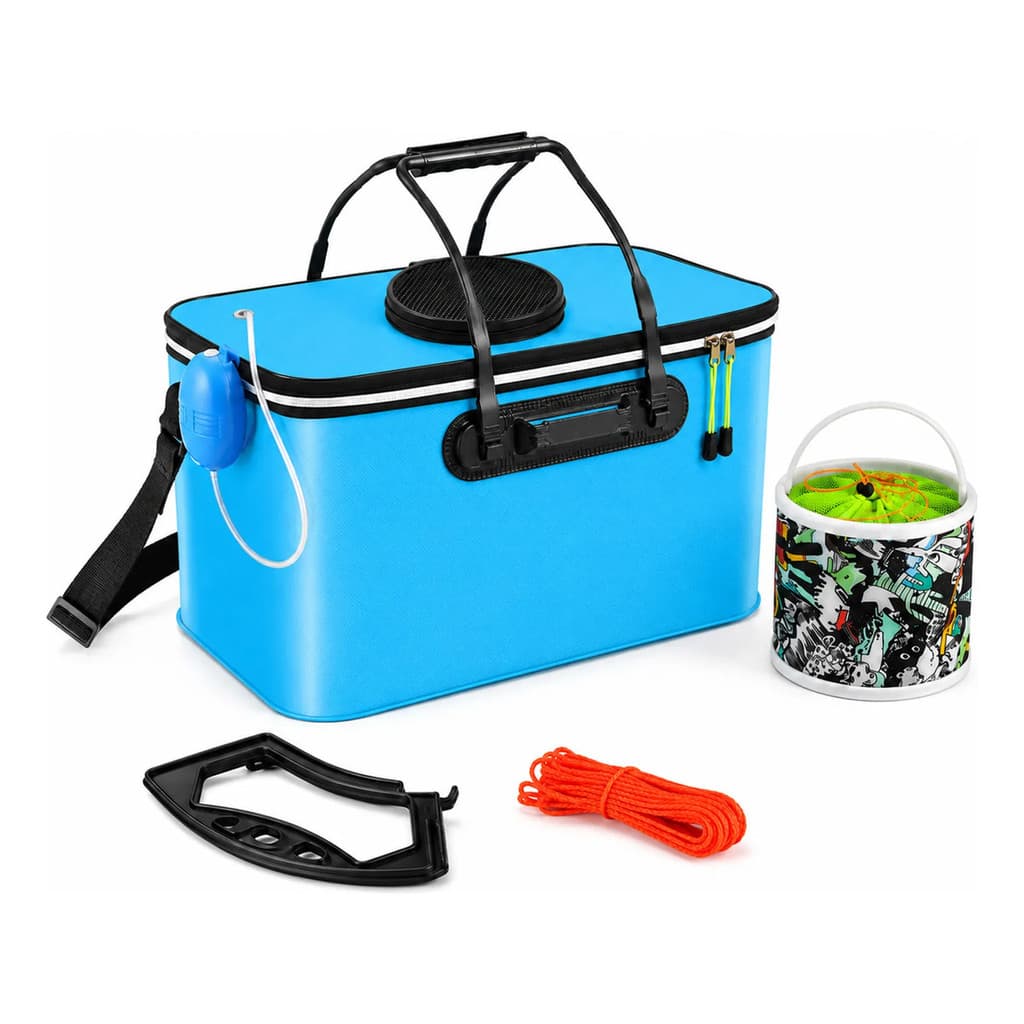 Balde Bolsa Pesca Dobrável 45cm Com Oxigenador Azul-celeste