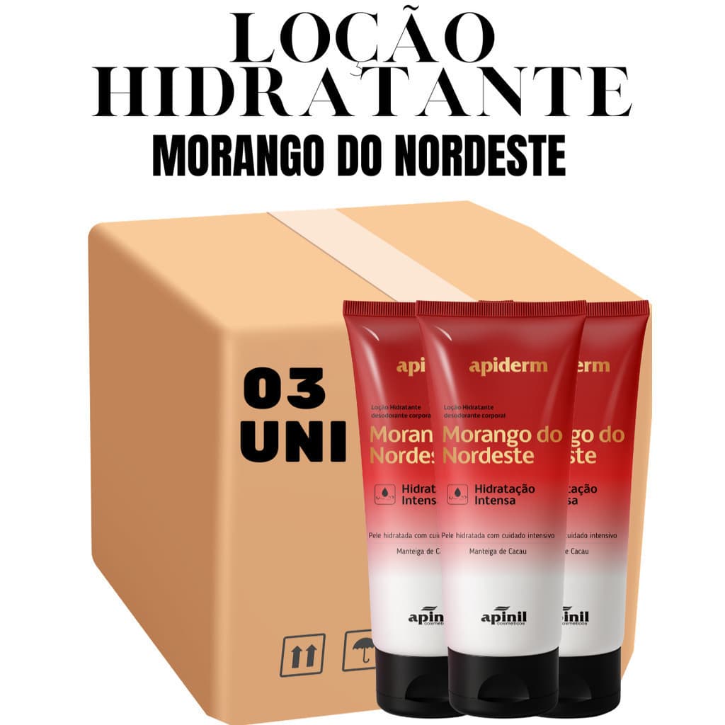 Kit 03 Unidades Loção Hidratante Corporal Apiderm Morango do Nordeste 190g - Apinil (Campanha)