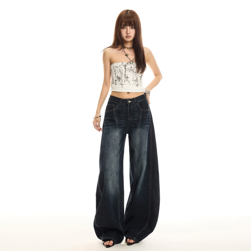 Americano Retro bordado Machete Jeans de perna larga feminino outono novo estilo cintura alta em linha reta solta calças