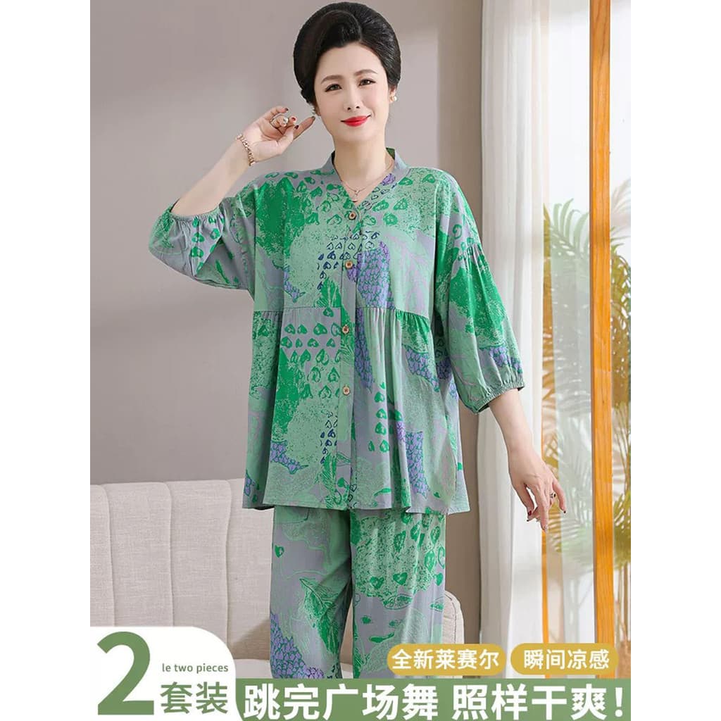 Lyocell pijamas de verão feminino verão gelo seda mãe algodão seda Cardigan terno de meia-idade idosos estilo fino dança