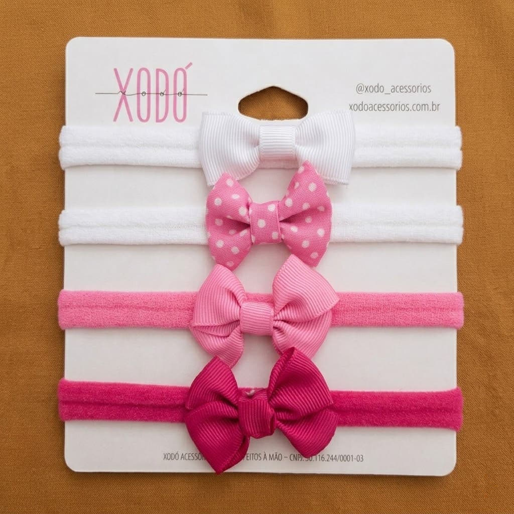 Kit 4 Tiaras Faixas Meia Seda Bebê Rn Infantil Laço Cabelo Rosa Macio Confortável