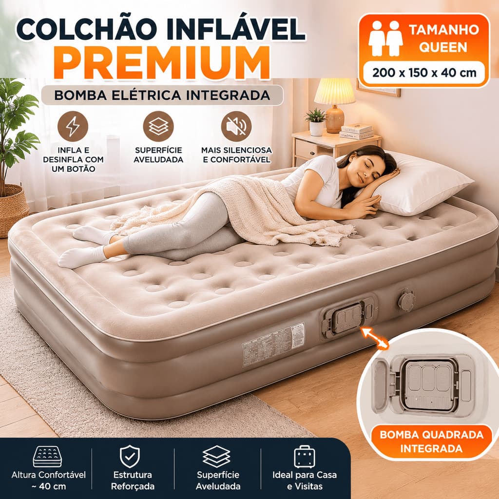 Cama Inflável Casal Premium com Bomba Elétrica Embutida, Colchão de Ar Alto Aveludado 200x150x40cm