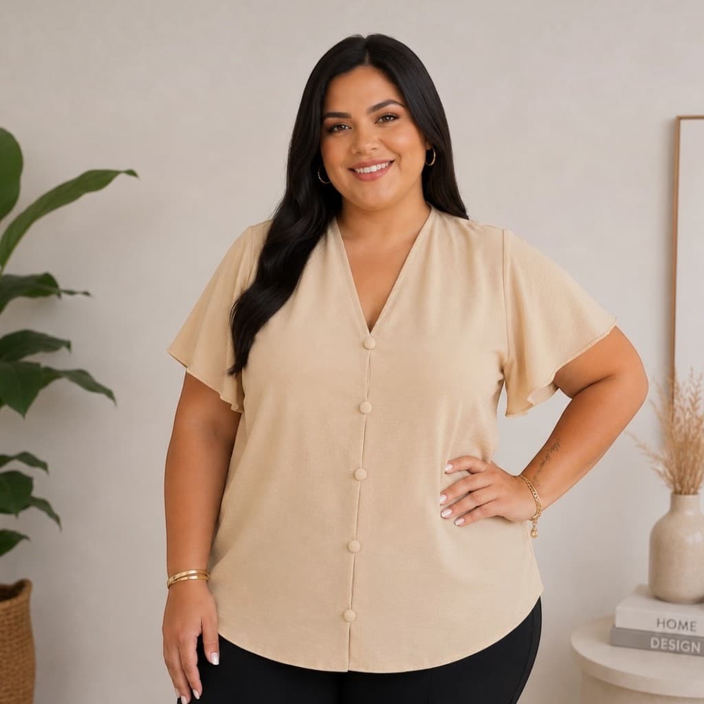 Blusa Feminina Plus Size GG G1 G2 G3 Decote V Tecido Duna Casual Elegante Confortável