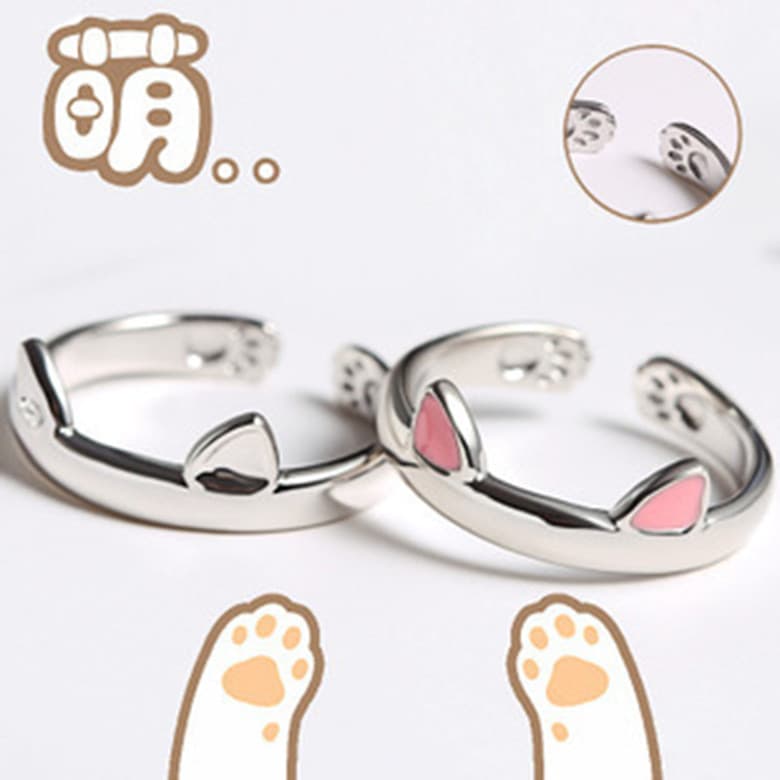 Anel de pata de gato jovem feminino prata aberto anel de gato bonito animal de estimação moda bonito orelha de gato meu