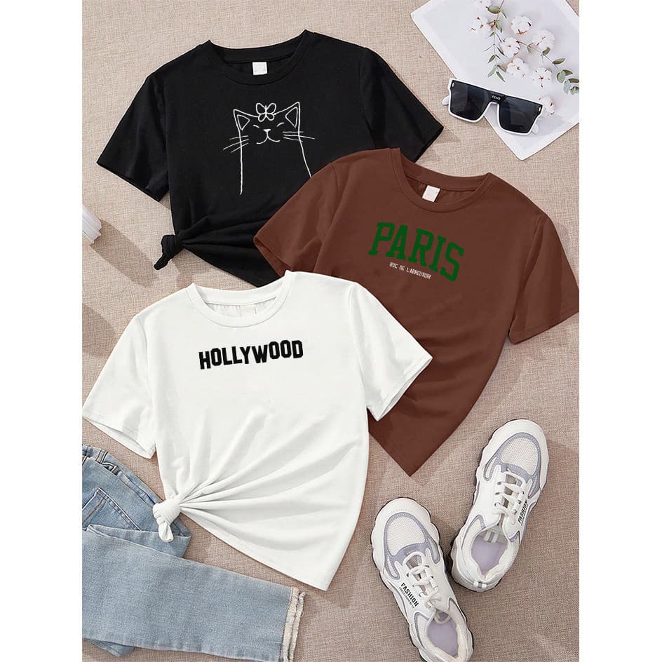 Blusa Feminina Kit 3 Gato Laço Preto Paris Verde Marrom Hollywood Off White PROMOÇAO