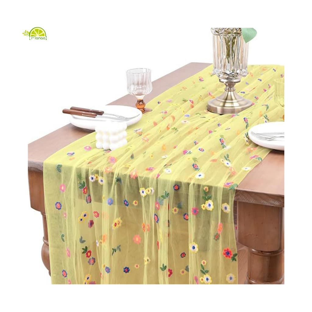 Embroidered Tablecloth Fabric Table Runner Floral Sheer Mesh Lace Flower Decor for Wedding Party Dining Spring Summer Ho